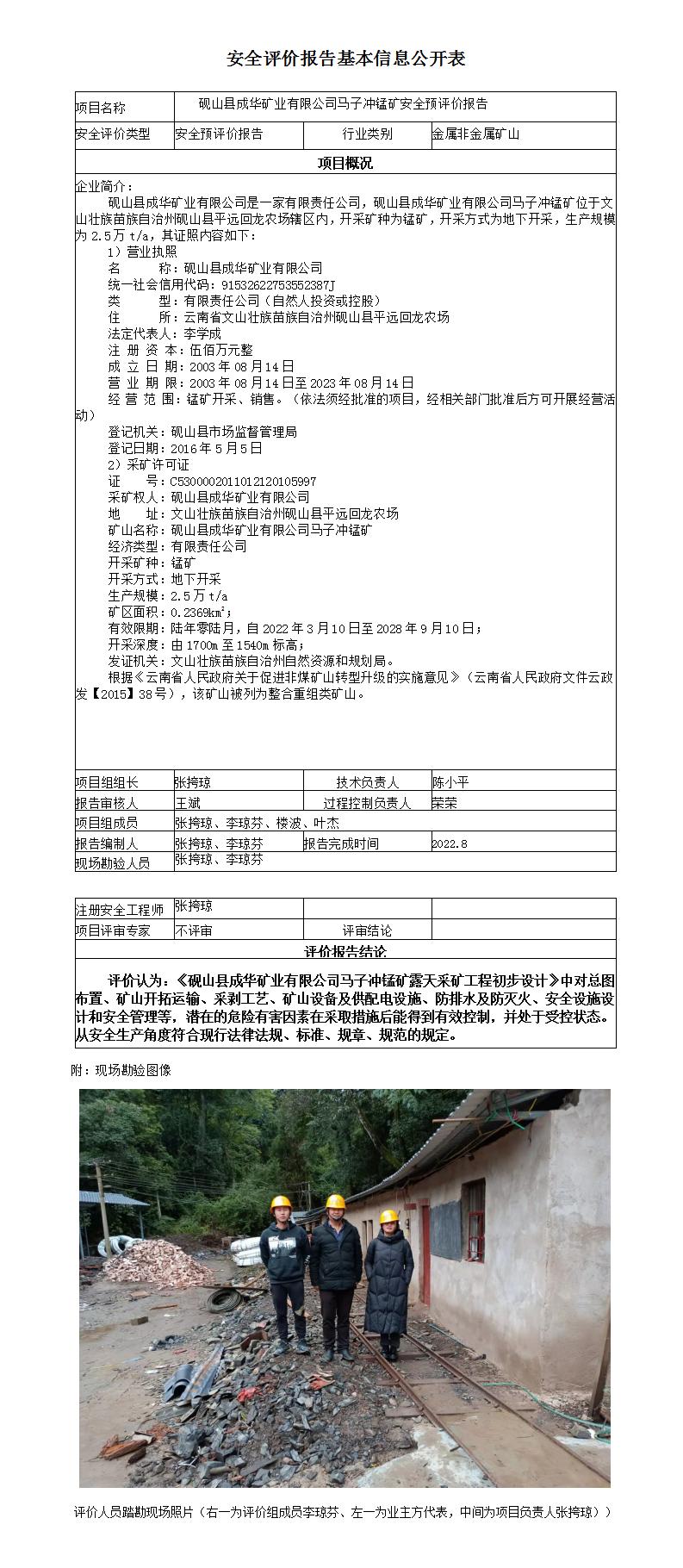 砚山县成华矿业有限公司马子冲锰矿安全预评价报告安全评价报告基本信息公开表