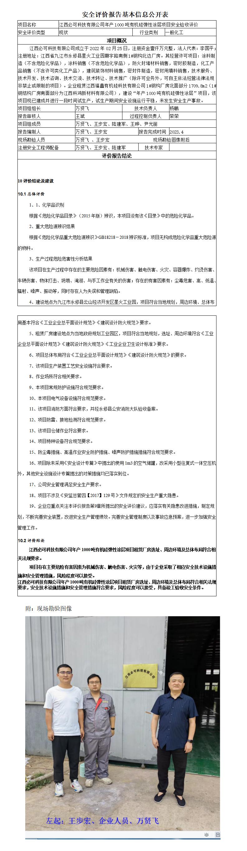 安全评价报告基本信息公开表（江西必可科技）