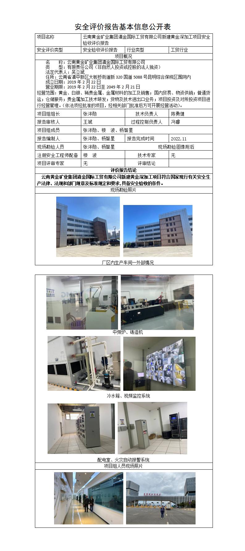 云南黄金矿业集团滇金国际工贸有限公司新建黄金深加工项目安全验收评价报告