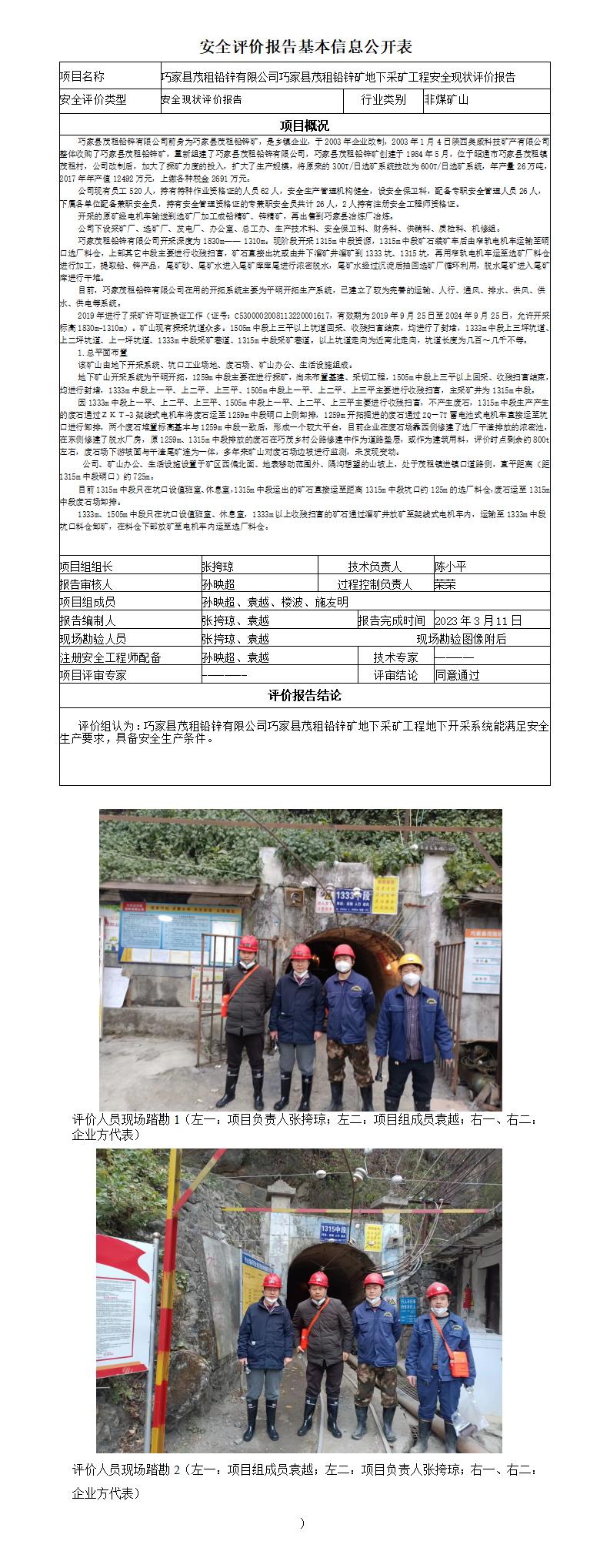 巧家县茂租铅锌有限公司巧家县茂租铅锌矿地下采矿工程安全现状评价报告