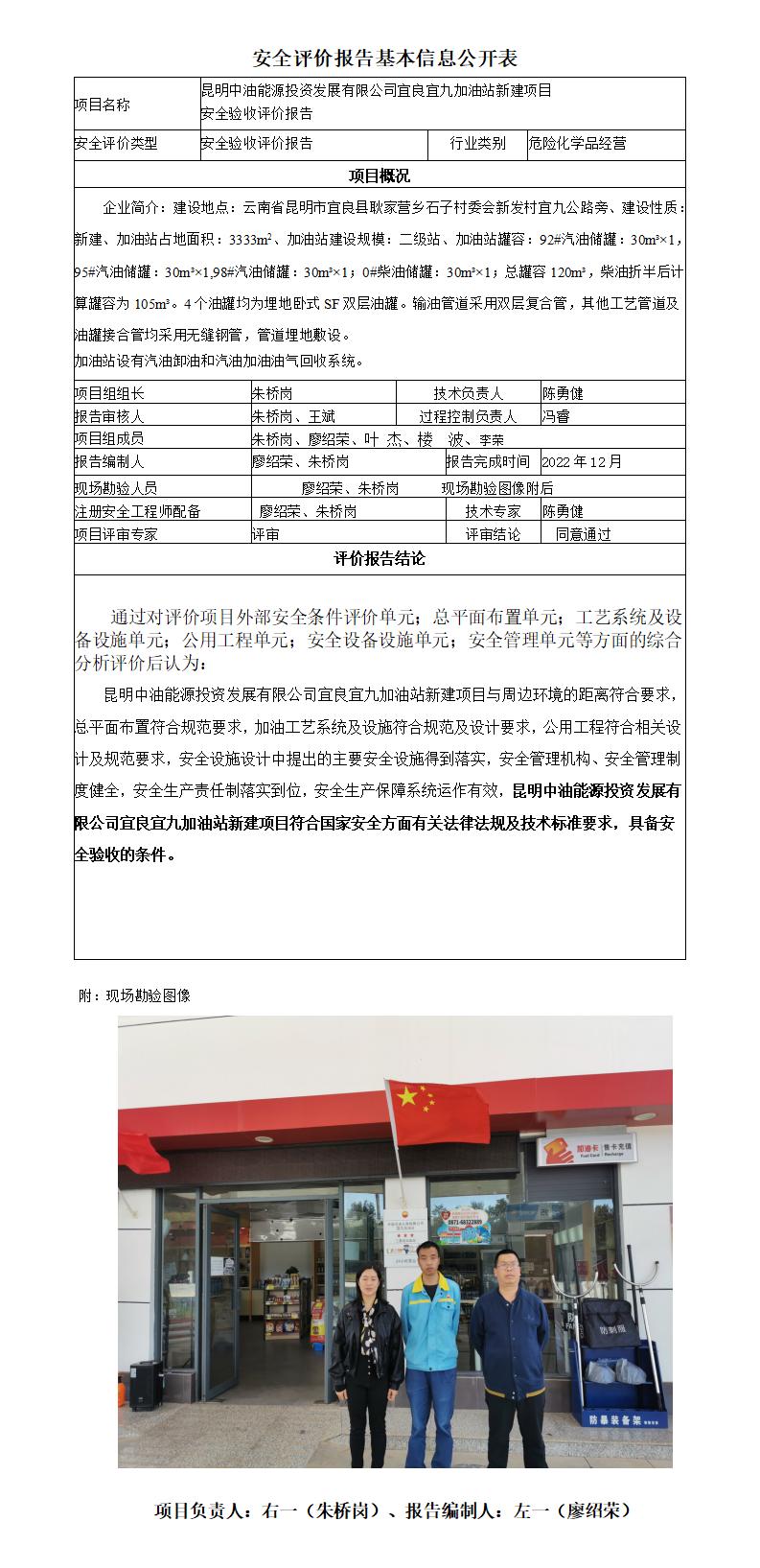 昆明中油能源投资发展有限公司宜良宜九加油站新建项目安全验收评价报告