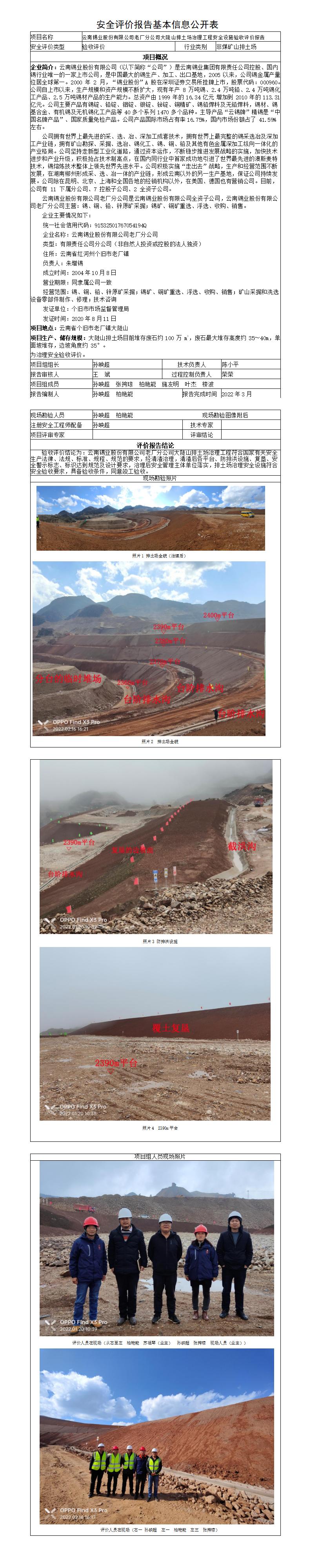 云南锡业股份有限公司老厂分公司大陡山排土场治理工程安全设施验收评价报告