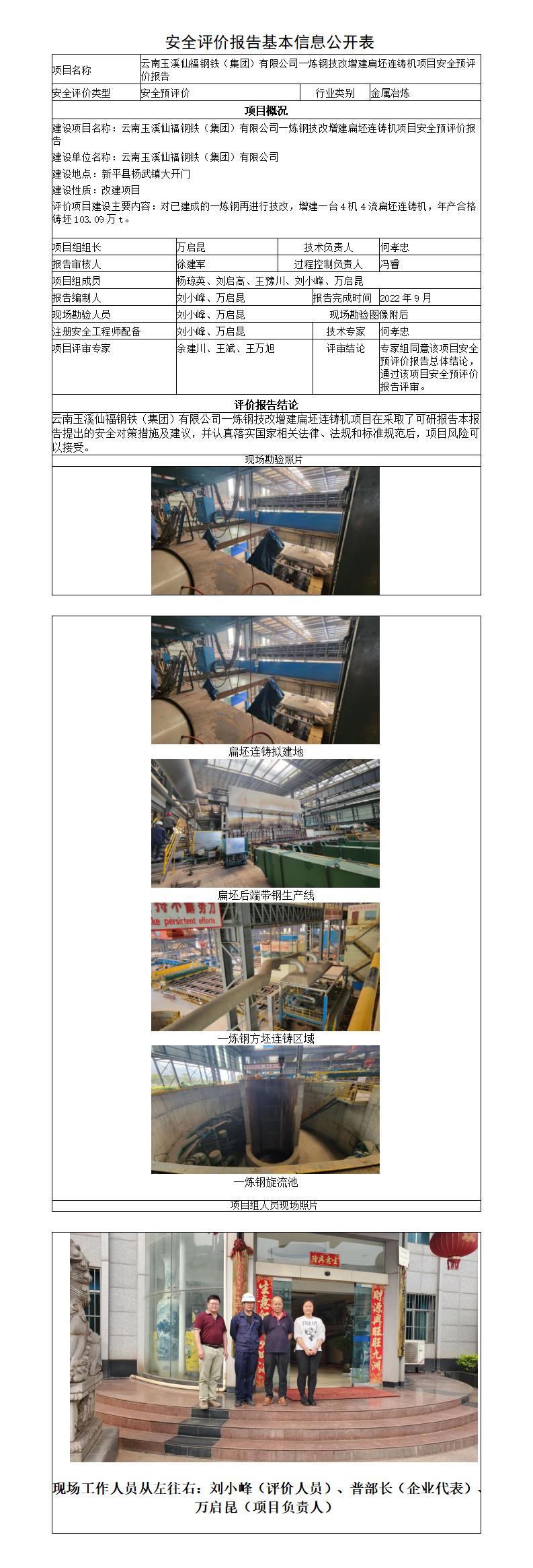 云南玉溪仙福钢铁（集团）有限公司一炼钢技改增建扁坯连铸机项目安全预评价报告