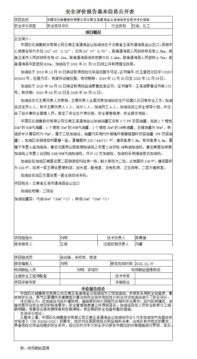 安全评价报告基本信息公开表金山