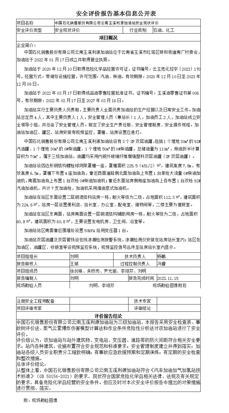 安全评价报告基本信息公开表利源