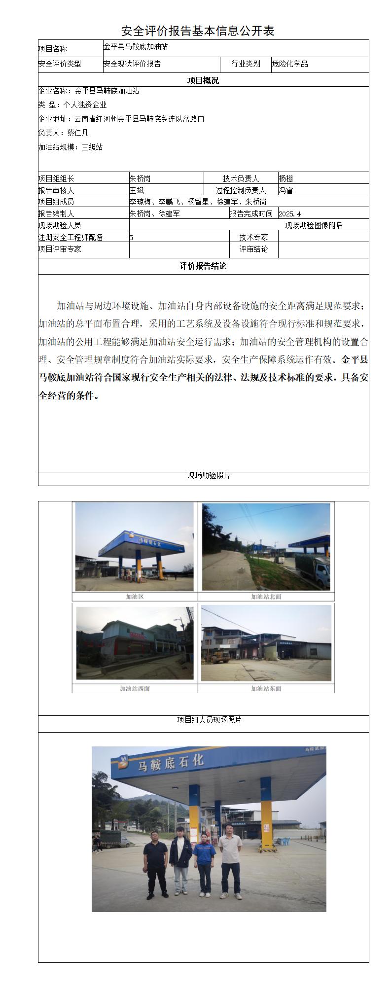 安全评价报告基本信息公开表金平马鞍底加油站