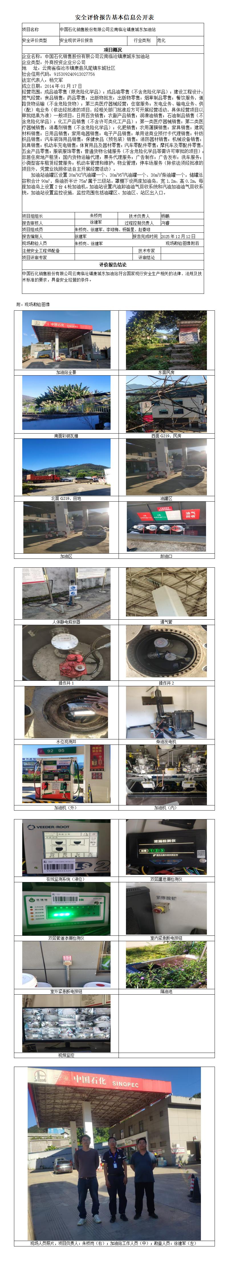 安全评价报告基本信息公开表 (中国石化销售股份有限公司云南临沧镇康城东加油站)
