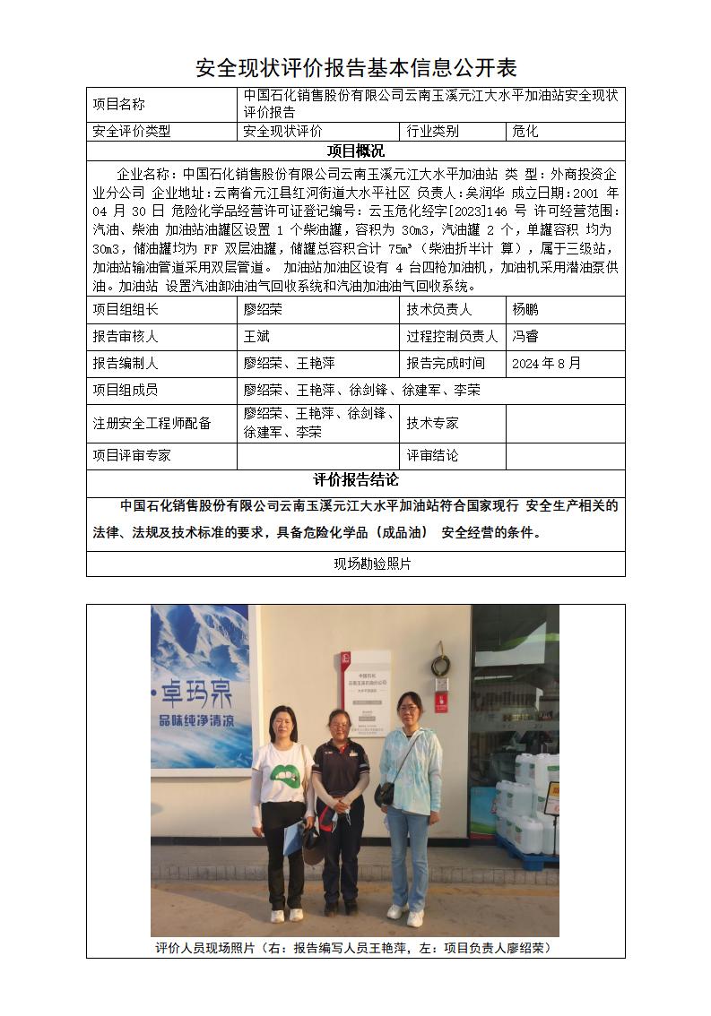 基本信息公开表——元江大水平加油站安全现状评价报告