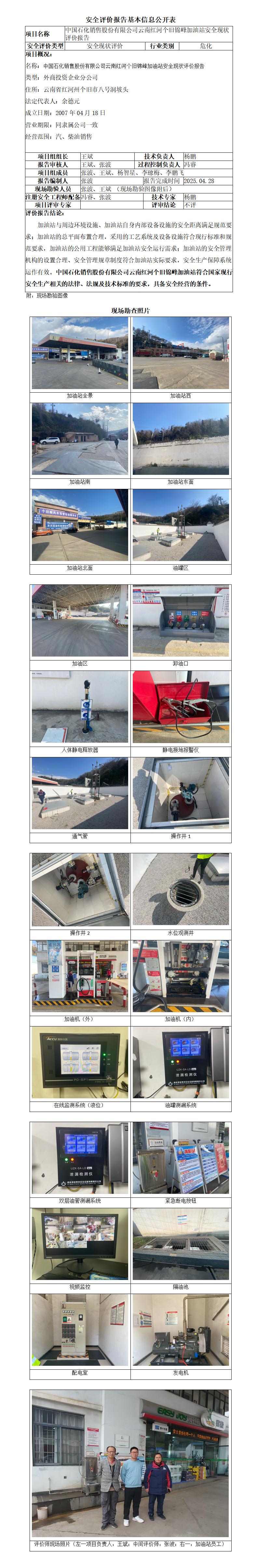 中石化云南红河个旧锦峰加油站安全现状评价报告--基本信息公开表
