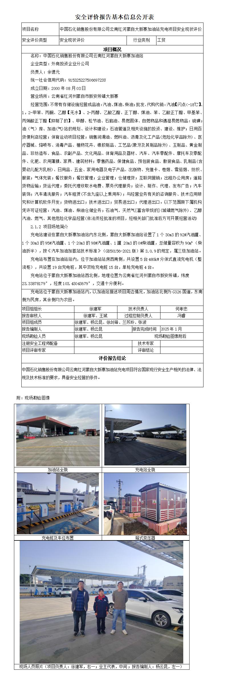 安全评价报告基本信息公开表 大新寨加油站充电项目
